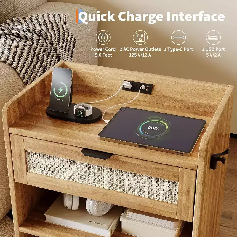 COZONY Table de Chevet en Rotin avec Station de Charge Type-C, Table de Chevet Bohème avec Tiroir et Compartiment Ouvert pour Chambre à Coucher