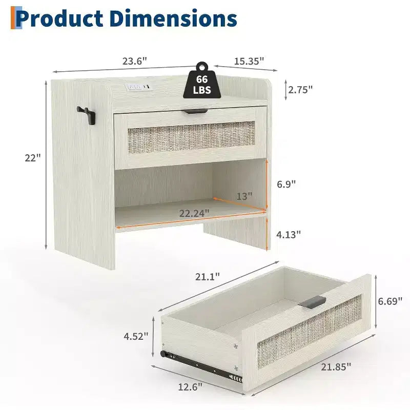 COZONY Table de Chevet en Rotin avec Station de Charge Type-C, Table de Chevet Bohème avec Tiroir et Compartiment Ouvert pour Chambre à Coucher