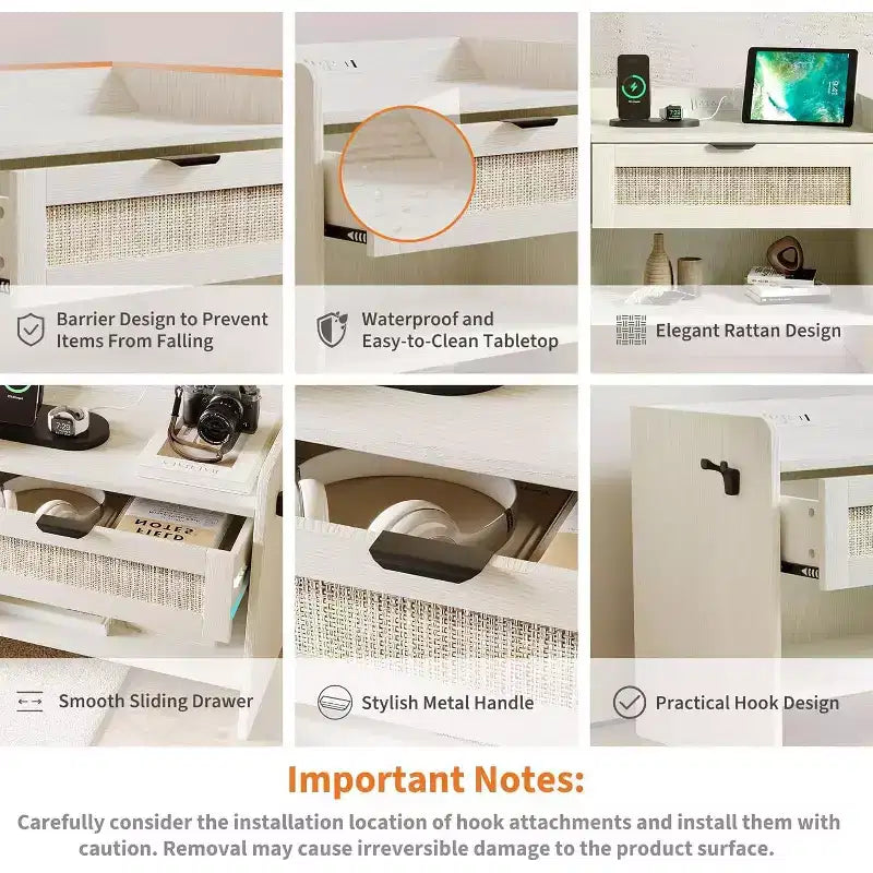 COZONY Table de Chevet en Rotin avec Station de Charge Type-C, Table de Chevet Bohème avec Tiroir et Compartiment Ouvert pour Chambre à Coucher
