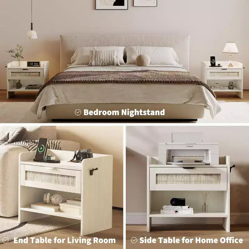 COZONY Table de Chevet en Rotin avec Station de Charge Type-C, Table de Chevet Bohème avec Tiroir et Compartiment Ouvert pour Chambre à Coucher