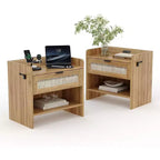 COZONY Table de Chevet en Rotin avec Station de Charge Type-C, Table de Chevet Bohème avec Tiroir et Compartiment Ouvert pour Chambre à Coucher