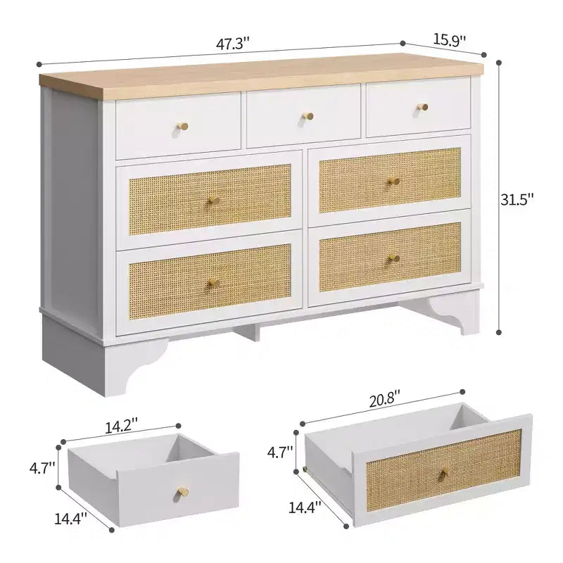 Commode à 7 tiroirs pour chambre à coucher, commode large en rotin naturel de 120 cm, organisateur de rangement de vêtements bohème en bois, pour salon