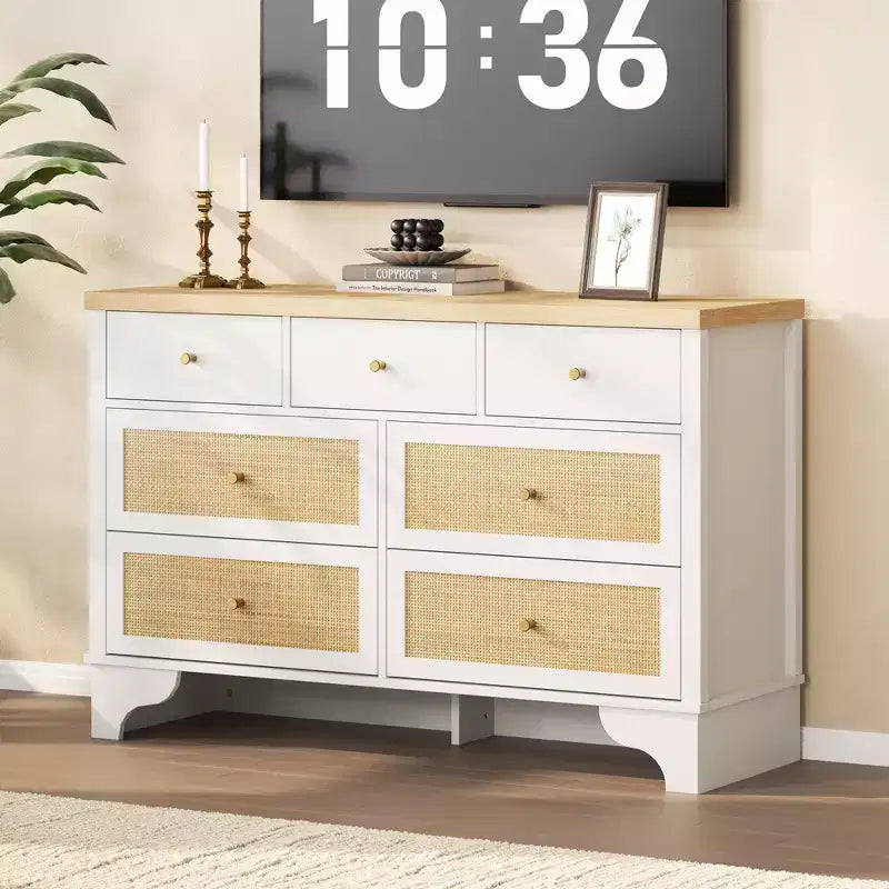 Commode à 7 tiroirs pour chambre à coucher, commode large en rotin naturel de 120 cm, organisateur de rangement de vêtements bohème en bois, pour salon