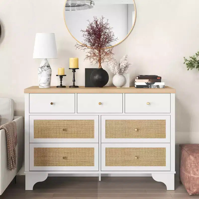 Commode à 7 tiroirs pour chambre à coucher, commode large en rotin naturel de 120 cm, organisateur de rangement de vêtements bohème en bois, pour salon