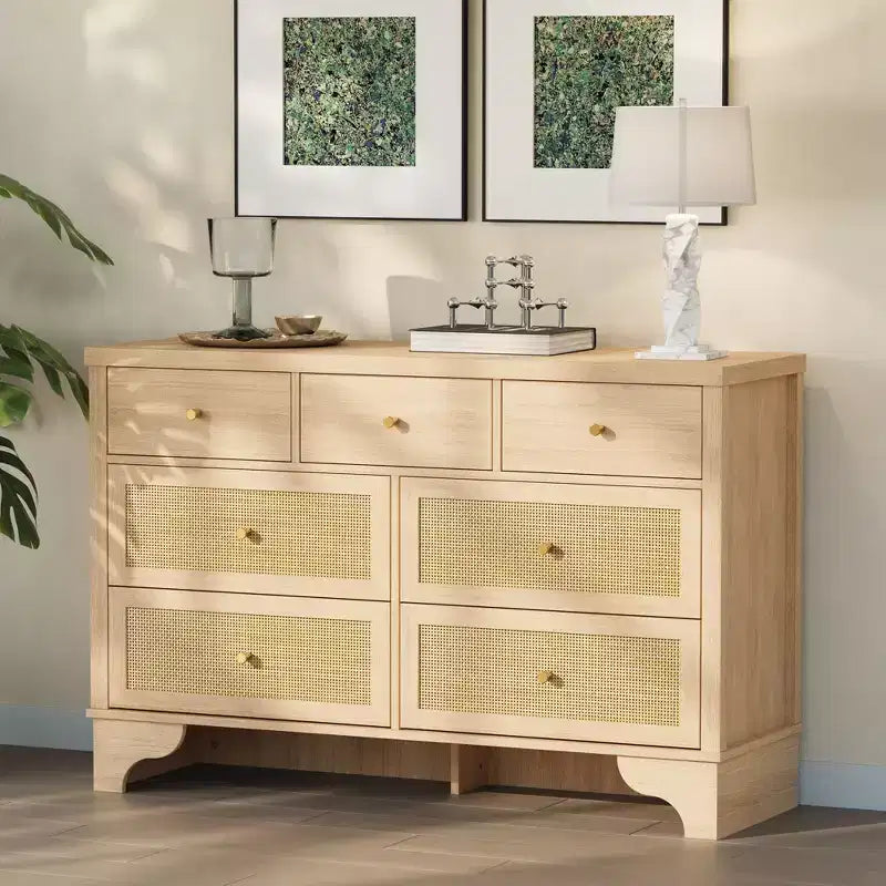 Commode à 7 tiroirs pour chambre à coucher, commode large en rotin naturel de 120 cm, organisateur de rangement de vêtements bohème en bois, pour salon
