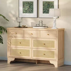 Commode à 7 tiroirs pour chambre à coucher, commode large en rotin naturel de 120 cm, organisateur de rangement de vêtements bohème en bois, pour salon
