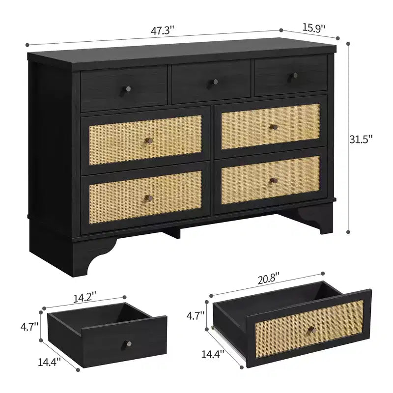 Commode à 7 tiroirs pour chambre à coucher, commode large en rotin naturel de 120 cm, organisateur de rangement de vêtements bohème en bois, pour salon