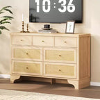 Commode à 7 tiroirs pour chambre à coucher, commode large en rotin naturel de 120 cm, organisateur de rangement de vêtements bohème en bois, pour salon