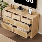 Commode à 7 tiroirs pour chambre à coucher, commode large en rotin naturel de 120 cm, organisateur de rangement de vêtements bohème en bois, pour salon