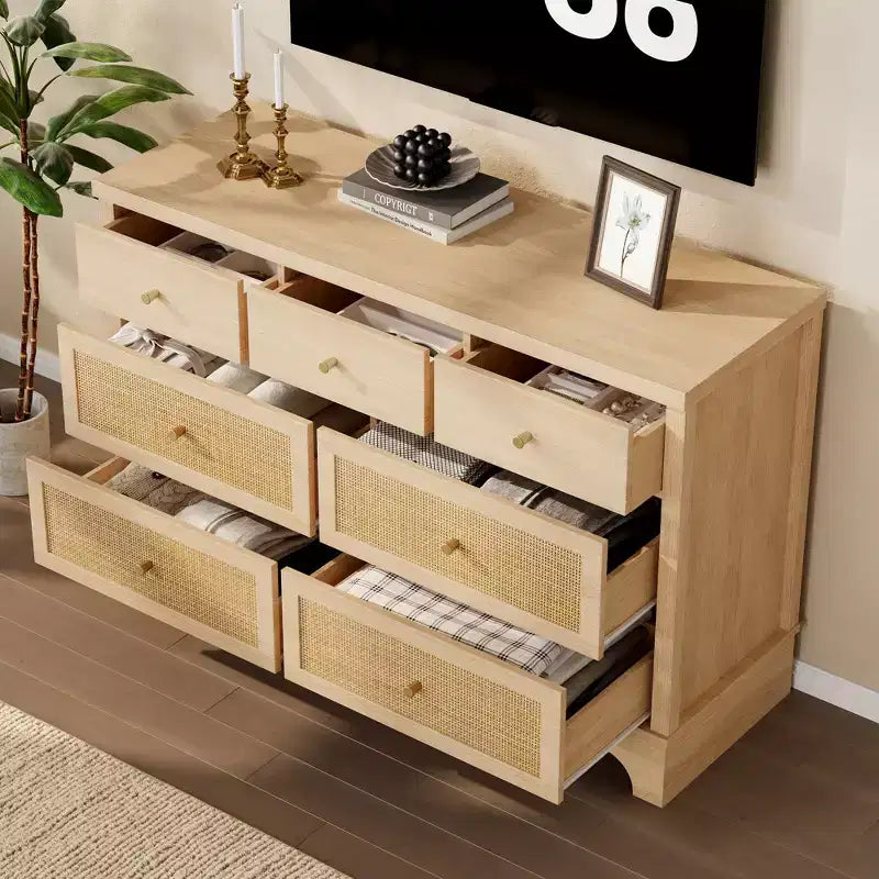 Commode à 7 tiroirs pour chambre à coucher, commode large en rotin naturel de 120 cm, organisateur de rangement de vêtements bohème en bois, pour salon