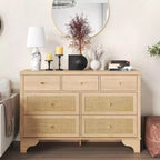 Commode à 7 tiroirs pour chambre à coucher, commode large en rotin naturel de 120 cm, organisateur de rangement de vêtements bohème en bois, pour salon