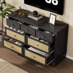 Commode à 7 tiroirs pour chambre à coucher, commode large en rotin naturel de 120 cm, organisateur de rangement de vêtements bohème en bois, pour salon