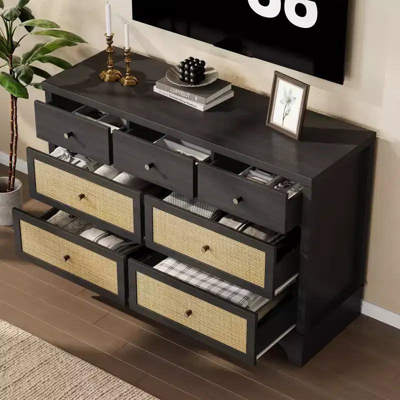 Commode à 7 tiroirs pour chambre à coucher, commode large en rotin naturel de 120 cm, organisateur de rangement de vêtements bohème en bois, pour salon