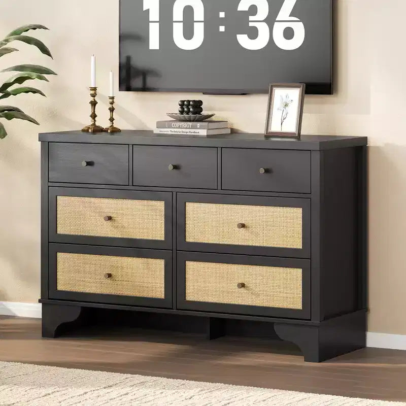 Commode à 7 tiroirs pour chambre à coucher, commode large en rotin naturel de 120 cm, organisateur de rangement de vêtements bohème en bois, pour salon