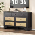 Commode à 7 tiroirs pour chambre à coucher, commode large en rotin naturel de 120 cm, organisateur de rangement de vêtements bohème en bois, pour salon