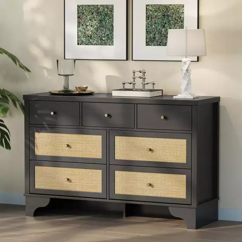 Commode à 7 tiroirs pour chambre à coucher, commode large en rotin naturel de 120 cm, organisateur de rangement de vêtements bohème en bois, pour salon