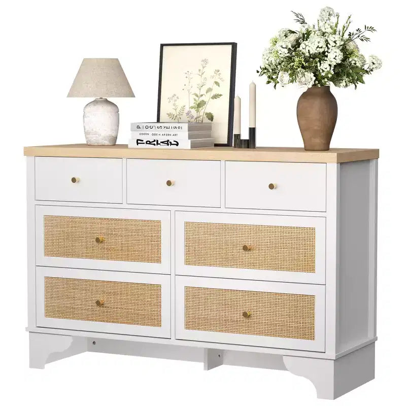 Commode à 7 tiroirs pour chambre à coucher, commode large en rotin naturel de 120 cm, organisateur de rangement de vêtements bohème en bois, pour salon