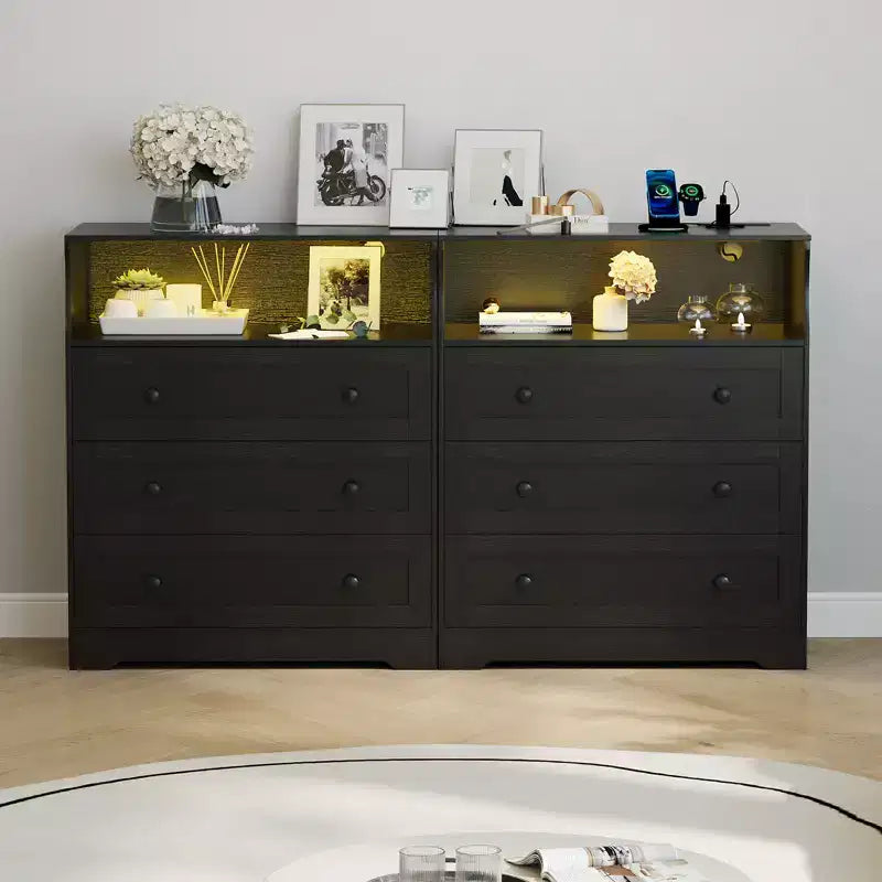Petite commode pour placard de chambre à coucher, avec 3 tiroirs, en bois, avec station de recharge et lumières LED, pour salon