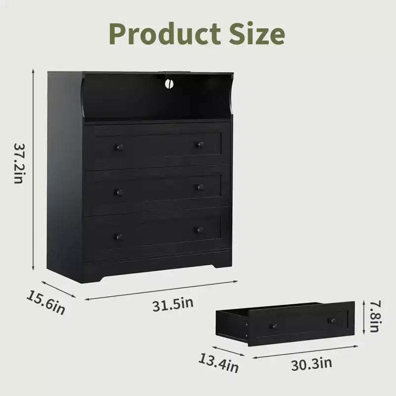 Petite commode pour placard de chambre à coucher, avec 3 tiroirs, en bois, avec station de recharge et lumières LED, pour salon