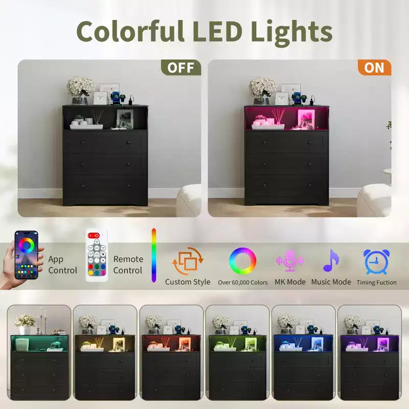Petite commode pour placard de chambre à coucher, avec 3 tiroirs, en bois, avec station de recharge et lumières LED, pour salon