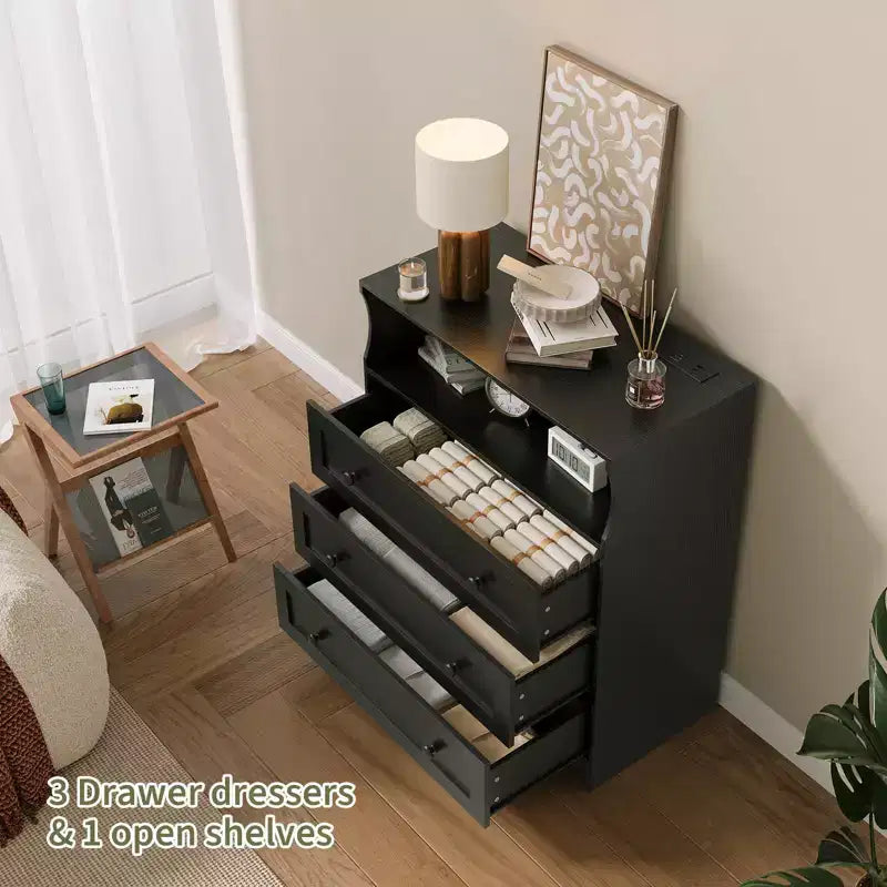 Petite commode pour placard de chambre à coucher, avec 3 tiroirs, en bois, avec station de recharge et lumières LED, pour salon