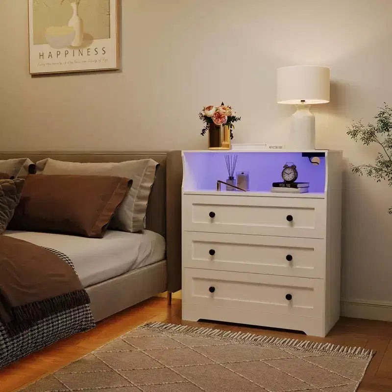 Petite commode pour placard de chambre à coucher, avec 3 tiroirs, en bois, avec station de recharge et lumières LED, pour salon