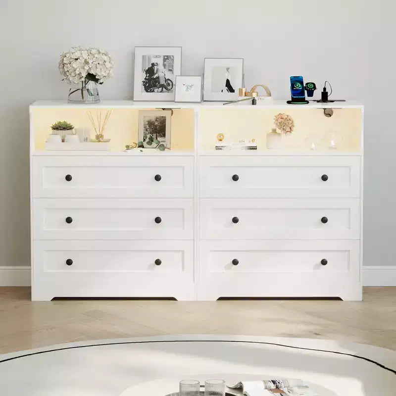 Petite commode pour placard de chambre à coucher, avec 3 tiroirs, en bois, avec station de recharge et lumières LED, pour salon