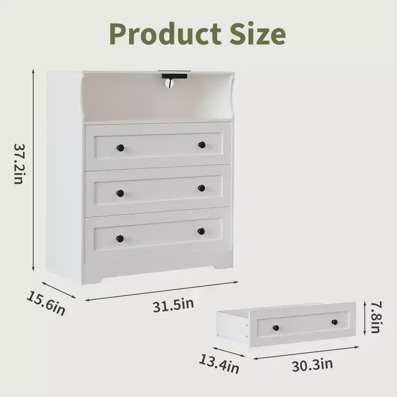 Petite commode pour placard de chambre à coucher, avec 3 tiroirs, en bois, avec station de recharge et lumières LED, pour salon