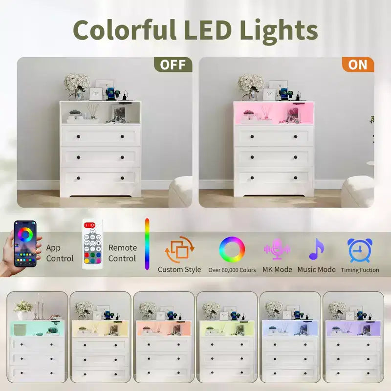 Petite commode pour placard de chambre à coucher, avec 3 tiroirs, en bois, avec station de recharge et lumières LED, pour salon