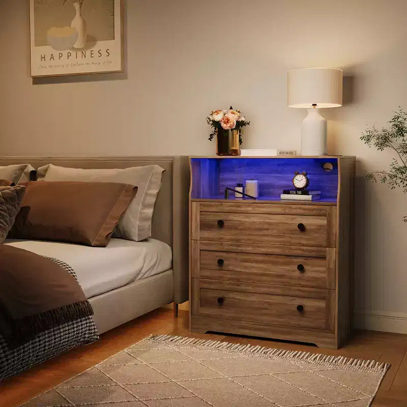 Petite commode pour placard de chambre à coucher, avec 3 tiroirs, en bois, avec station de recharge et lumières LED, pour salon