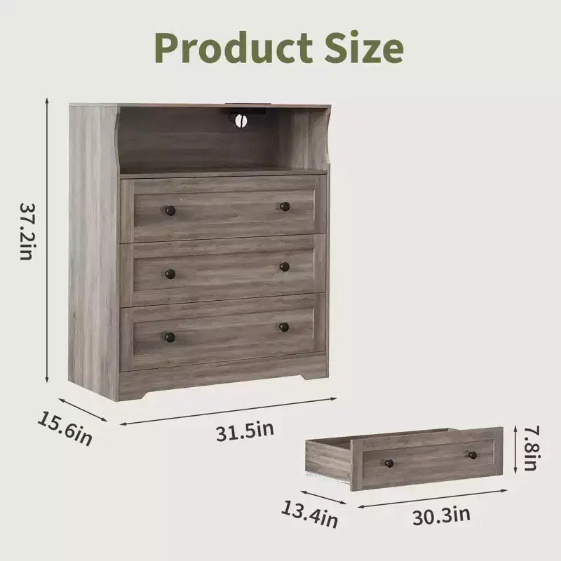 Petite commode pour placard de chambre à coucher, avec 3 tiroirs, en bois, avec station de recharge et lumières LED, pour salon