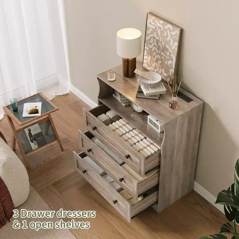 Petite commode pour placard de chambre à coucher, avec 3 tiroirs, en bois, avec station de recharge et lumières LED, pour salon