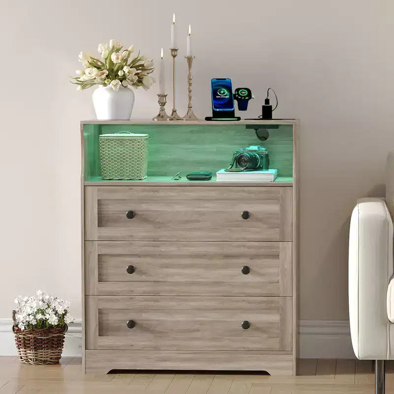 Small Dresser for Bedroom Closet Bedside with 3 Drawers, Wooden Dressers with Charging Station and LED Lights, Wood Chest of Drawers for Living Room