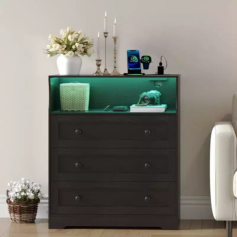 Petite commode pour placard de chambre à coucher, avec 3 tiroirs, en bois, avec station de recharge et lumières LED, pour salon