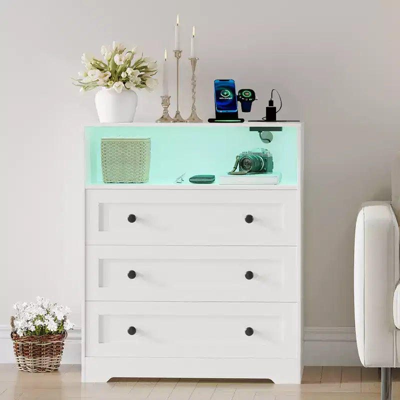 Petite commode pour placard de chambre à coucher, avec 3 tiroirs, en bois, avec station de recharge et lumières LED, pour salon
