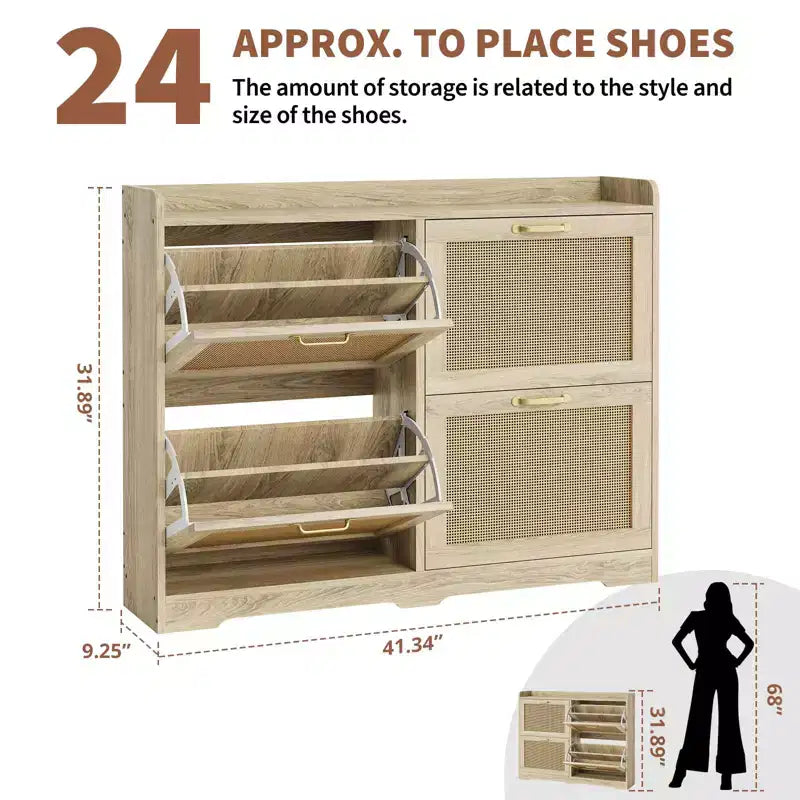Meuble à Chaussures avec 4 Tiroirs Basculants, Organiseur de Rangement à Chaussures Caché en Rotin, Meuble à Chaussures Autonome pour Couloir Salon Appartement