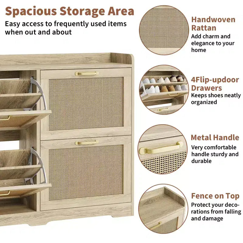 Meuble à Chaussures avec 4 Tiroirs Basculants, Organiseur de Rangement à Chaussures Caché en Rotin, Meuble à Chaussures Autonome pour Couloir Salon Appartement
