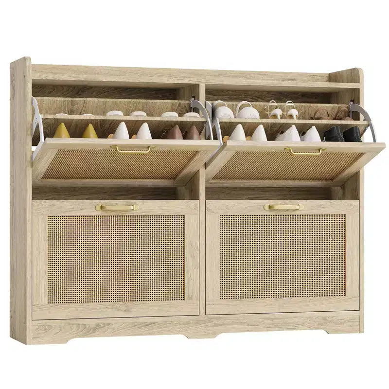 Meuble à Chaussures avec 4 Tiroirs Basculants, Organiseur de Rangement à Chaussures Caché en Rotin, Meuble à Chaussures Autonome pour Couloir Salon Appartement
