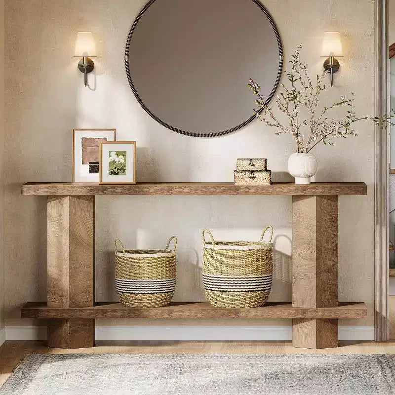 Console Lantine de 180 cm de long pour entrée, table de canapé en bois à placer derrière un canapé, pour salon, couloir, foyer, couleur bois clair