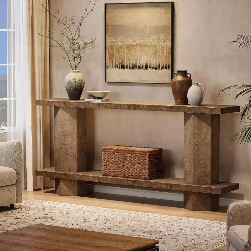 Console Lantine de 180 cm de long pour entrée, table de canapé en bois à placer derrière un canapé, pour salon, couloir, foyer, couleur bois clair