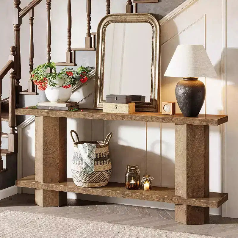 Console Lantine de 180 cm de long pour entrée, table de canapé en bois à placer derrière un canapé, pour salon, couloir, foyer, couleur bois clair