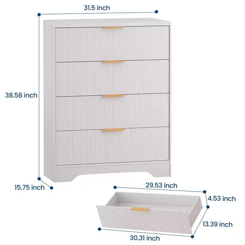Commode cannelée pour chambre à coucher avec 4 tiroirs, commode moderne de 98 cm de haut avec poignées en métal doré, commode large pour couloir, placard
