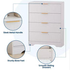 Commode cannelée pour chambre à coucher avec 4 tiroirs, commode moderne de 98 cm de haut avec poignées en métal doré, commode large pour couloir, placard