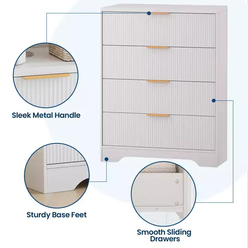 Commode cannelée pour chambre à coucher avec 4 tiroirs, commode moderne de 98 cm de haut avec poignées en métal doré, commode large pour couloir, placard