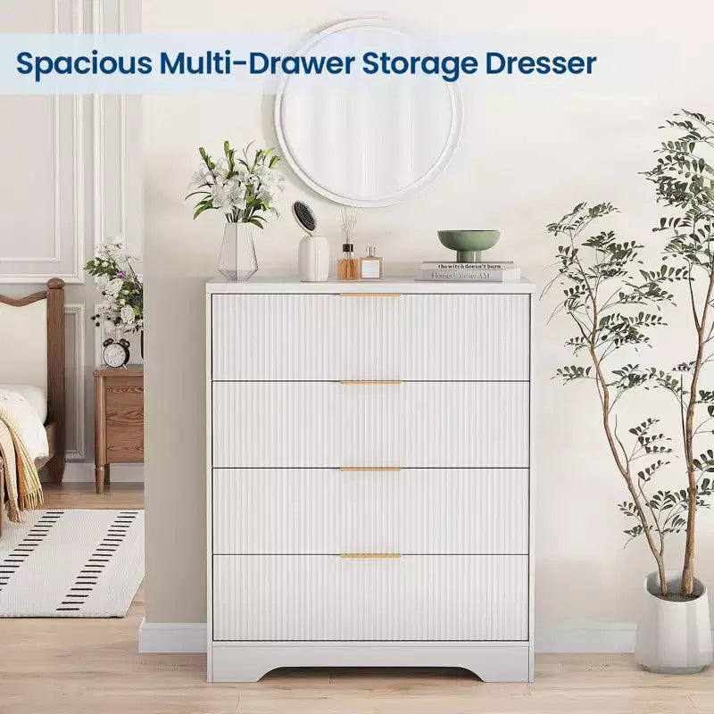 Commode cannelée pour chambre à coucher avec 4 tiroirs, commode moderne de 98 cm de haut avec poignées en métal doré, commode large pour couloir, placard