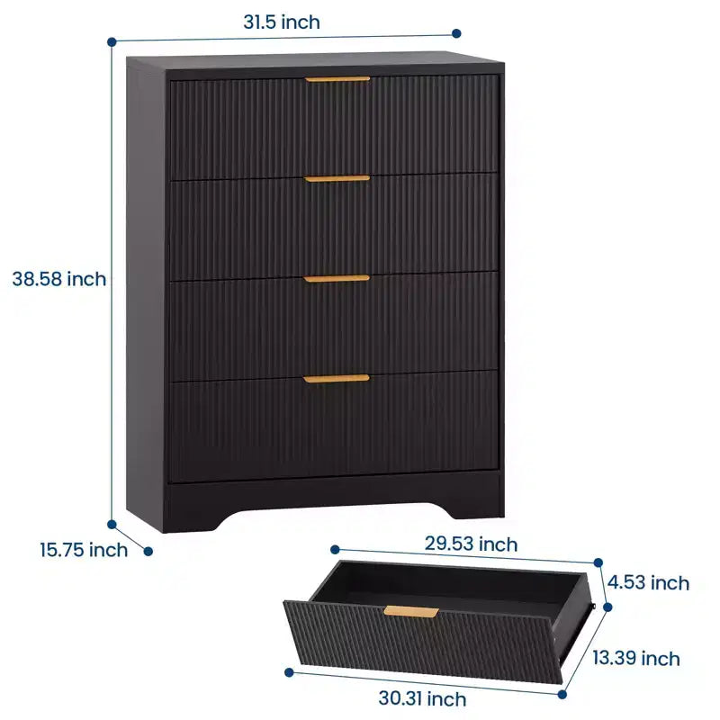 Commode cannelée pour chambre à coucher avec 4 tiroirs, commode moderne de 98 cm de haut avec poignées en métal doré, commode large pour couloir, placard