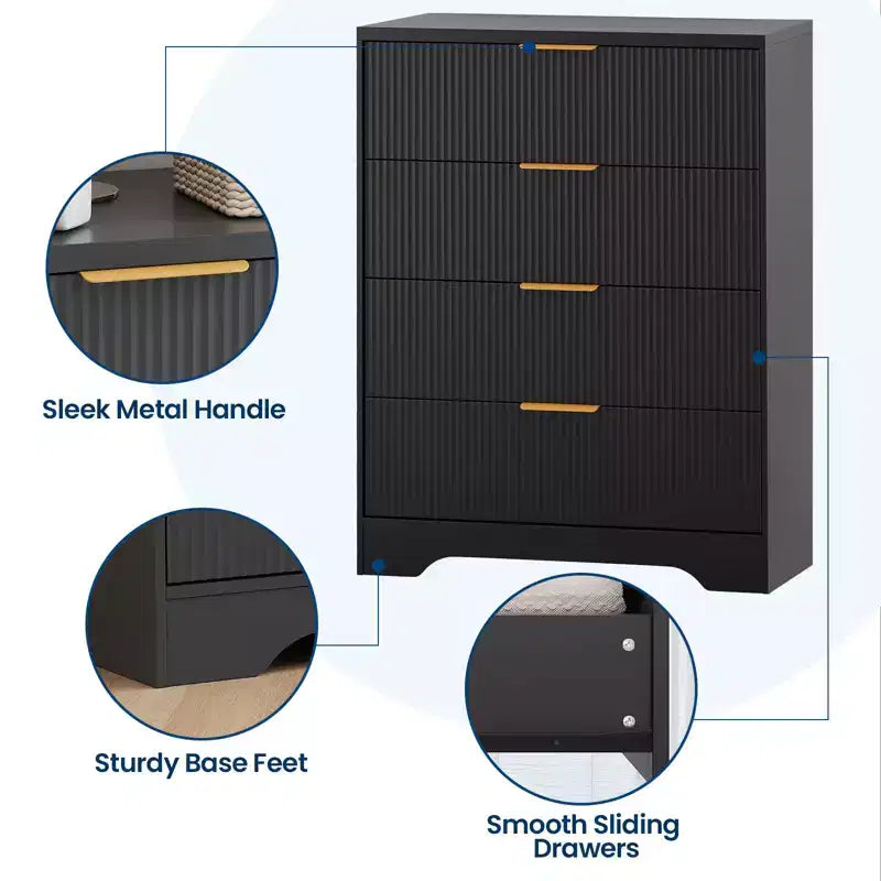 Commode cannelée pour chambre à coucher avec 4 tiroirs, commode moderne de 98 cm de haut avec poignées en métal doré, commode large pour couloir, placard