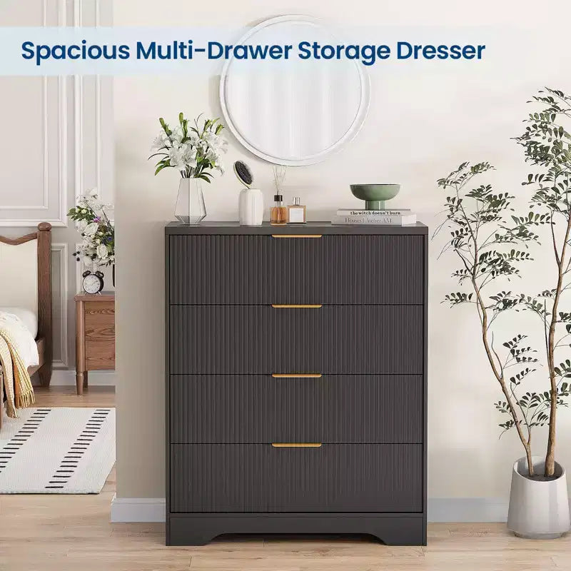 Commode cannelée pour chambre à coucher avec 4 tiroirs, commode moderne de 98 cm de haut avec poignées en métal doré, commode large pour couloir, placard
