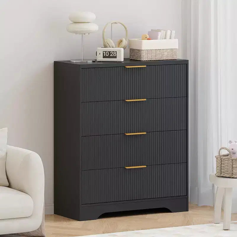 Commode cannelée pour chambre à coucher avec 4 tiroirs, commode moderne de 98 cm de haut avec poignées en métal doré, commode large pour couloir, placard