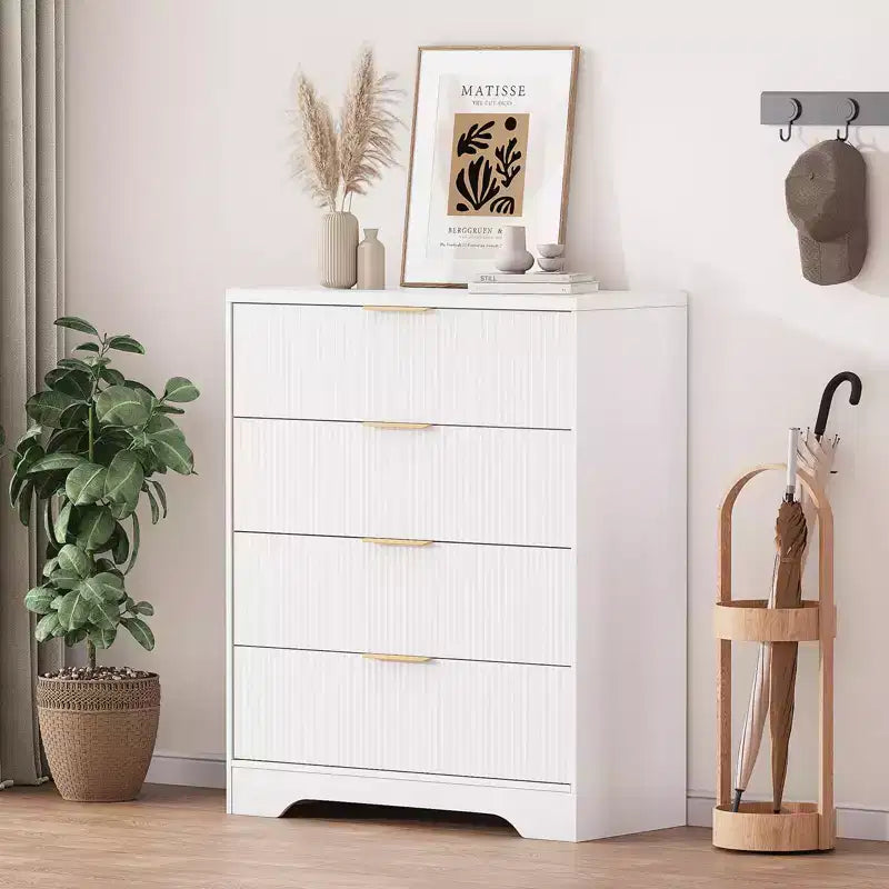 Commode cannelée pour chambre à coucher avec 4 tiroirs, commode moderne de 98 cm de haut avec poignées en métal doré, commode large pour couloir, placard